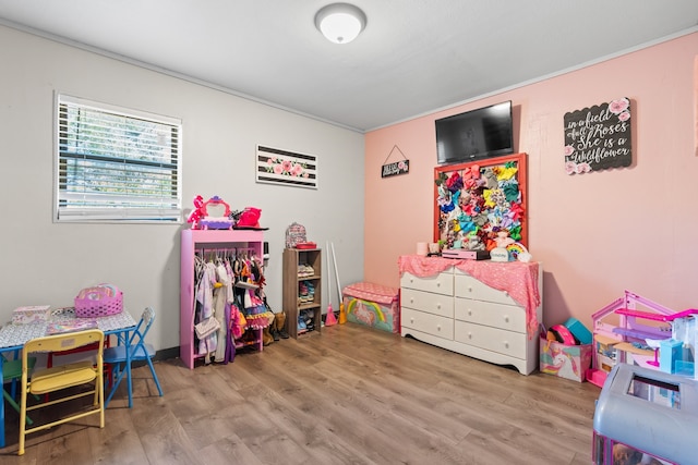 recreation room with crown molding and hardwood / wood-style flooring