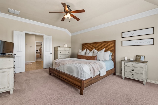 bedroom featuring light carpet, ceiling fan, and crown molding