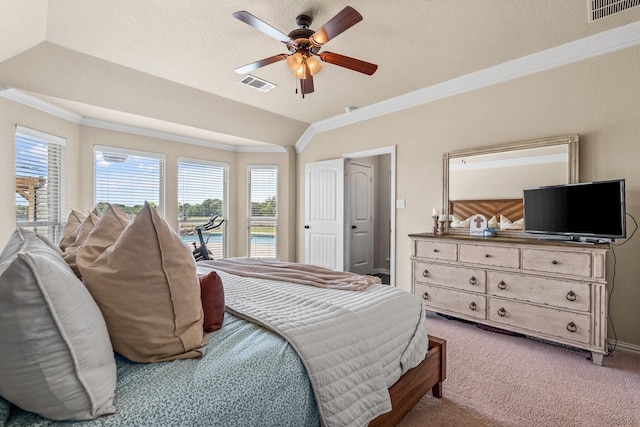 carpeted bedroom featuring ceiling fan, vaulted ceiling, ornamental molding, a textured ceiling, and access to outside