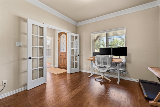 home office with ornamental molding, dark wood-type flooring, and french doors