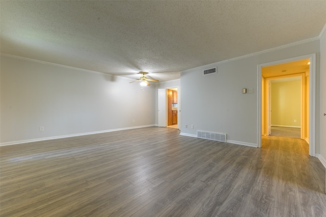 unfurnished room featuring a textured ceiling, wood-type flooring, ceiling fan, and crown molding