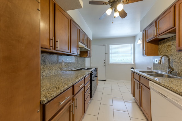 kitchen with ceiling fan, tasteful backsplash, sink, stainless steel range with electric stovetop, and white dishwasher