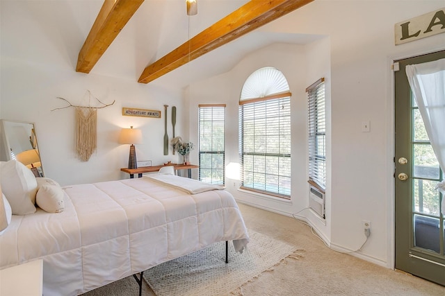 carpeted bedroom featuring vaulted ceiling with beams