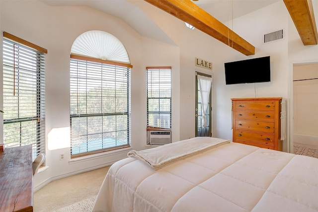 carpeted bedroom with lofted ceiling with beams and cooling unit