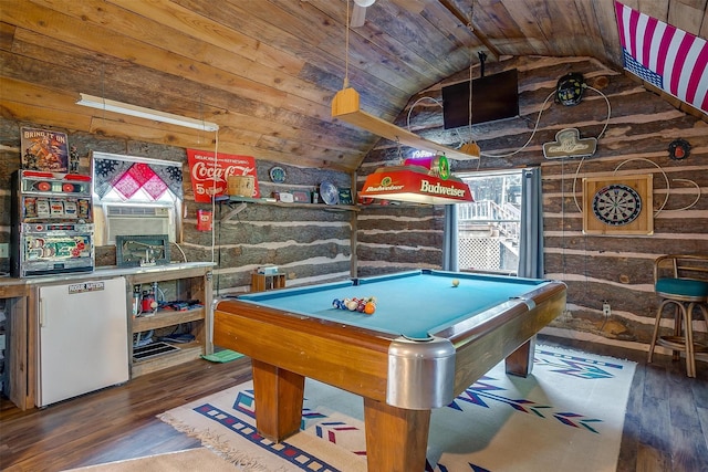 recreation room featuring vaulted ceiling, billiards, cooling unit, dark wood-type flooring, and wooden ceiling