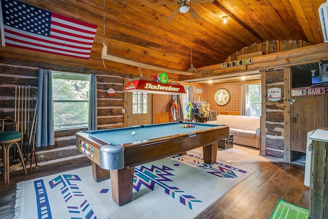 rec room featuring wood ceiling, hardwood / wood-style floors, pool table, vaulted ceiling, and log walls