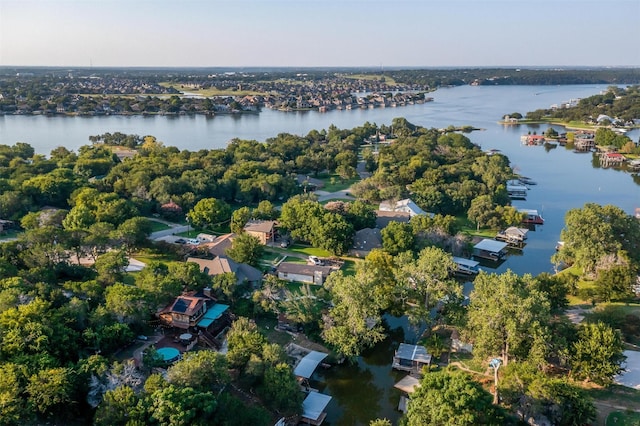 drone / aerial view featuring a water view