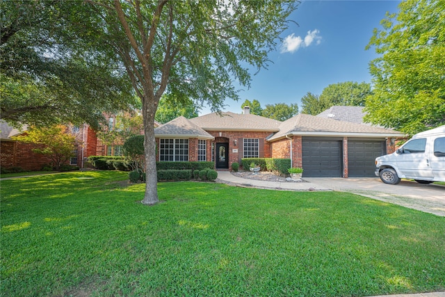 ranch-style home featuring a front lawn and a garage