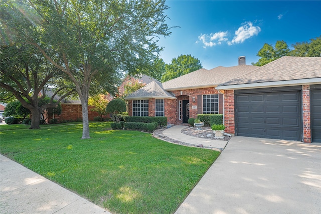 ranch-style home with a front lawn and a garage