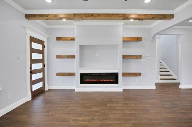 unfurnished living room with beamed ceiling, dark hardwood / wood-style floors, and ornamental molding