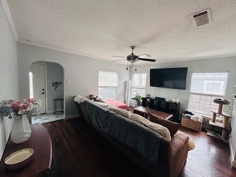 living room featuring ornamental molding, a textured ceiling, hardwood / wood-style flooring, and ceiling fan