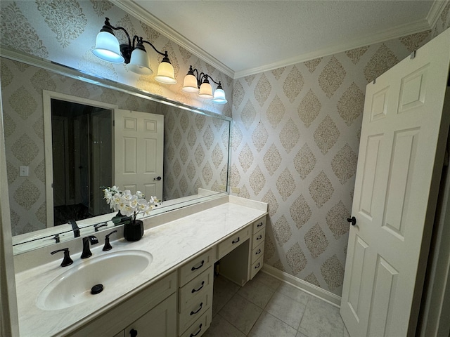 bathroom with vanity, ornamental molding, and tile patterned floors