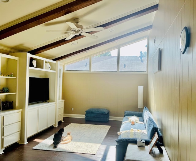 living room with dark hardwood / wood-style floors, vaulted ceiling with beams, and ceiling fan