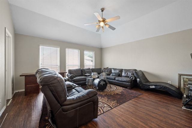 living room featuring ceiling fan, dark hardwood / wood-style floors, and lofted ceiling