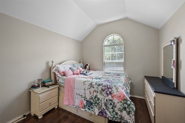 bedroom with dark wood-type flooring and vaulted ceiling