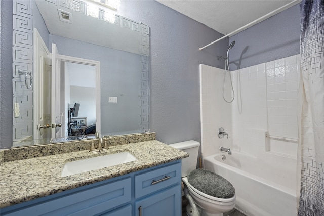 full bathroom with toilet, shower / tub combo with curtain, and vanity