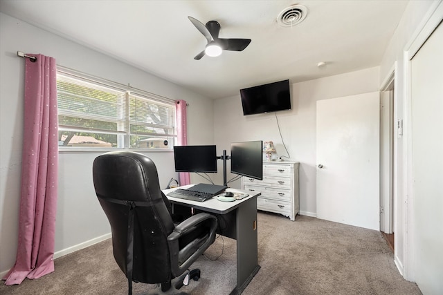 home office with carpet and ceiling fan