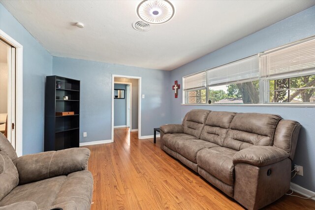 living room with light hardwood / wood-style flooring and a healthy amount of sunlight