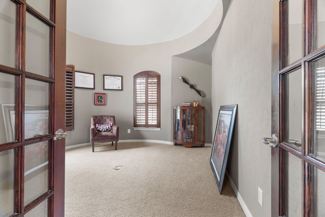 unfurnished room with carpet flooring and a towering ceiling