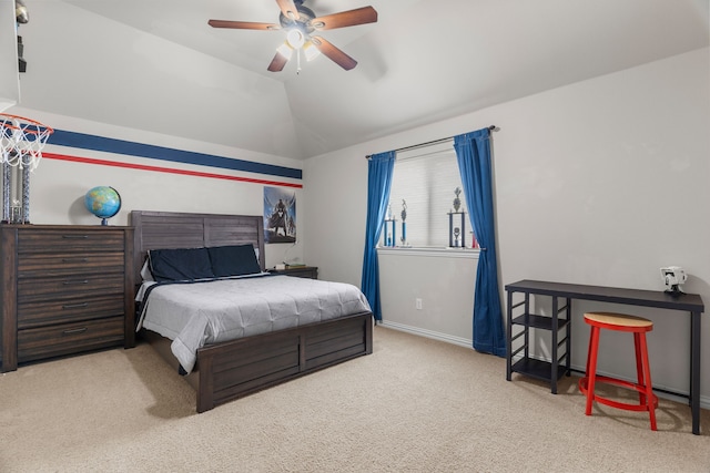 bedroom with carpet, ceiling fan, and lofted ceiling