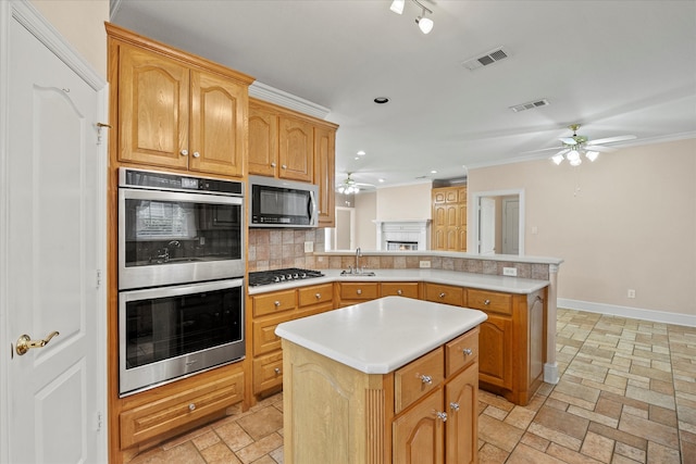 kitchen with appliances with stainless steel finishes, a center island, sink, and decorative backsplash