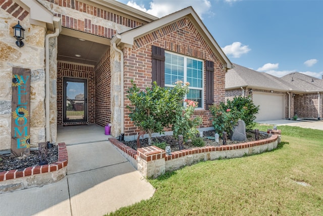 exterior space featuring a garage and a front lawn