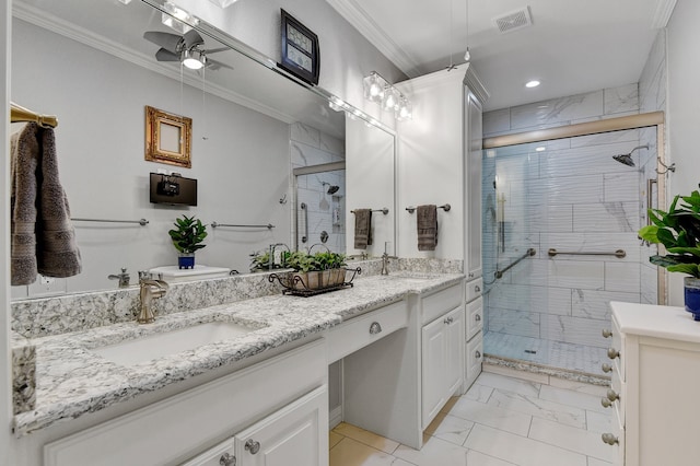 bathroom featuring ceiling fan, ornamental molding, walk in shower, and vanity