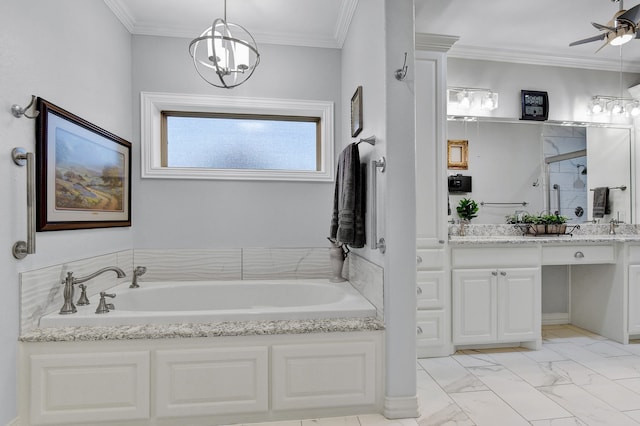 bathroom featuring vanity, plus walk in shower, crown molding, and ceiling fan with notable chandelier