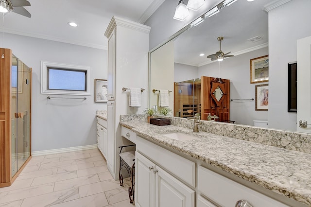 bathroom featuring toilet, crown molding, ceiling fan, and a shower with shower door