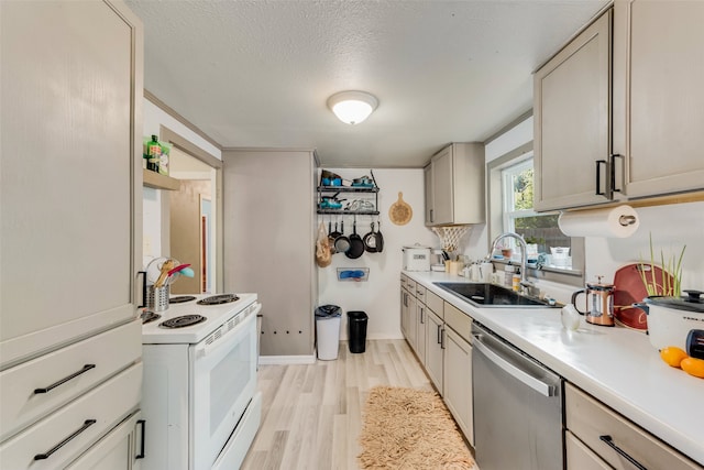 kitchen featuring a textured ceiling, light wood-type flooring, sink, stainless steel dishwasher, and white electric range oven