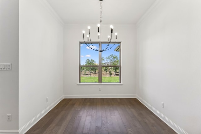 unfurnished dining area featuring crown molding, dark hardwood / wood-style flooring, and a notable chandelier