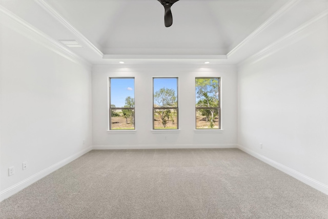 unfurnished room with a raised ceiling, ceiling fan, and ornamental molding