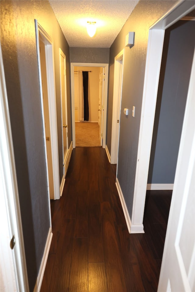 hallway with hardwood / wood-style flooring and a textured ceiling