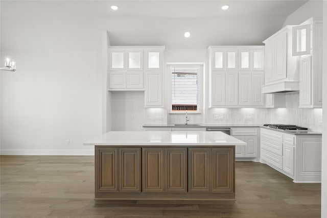 kitchen with white cabinetry, wood-type flooring, and a center island