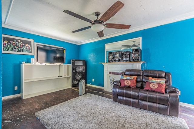 living room with ceiling fan, a textured ceiling, and crown molding