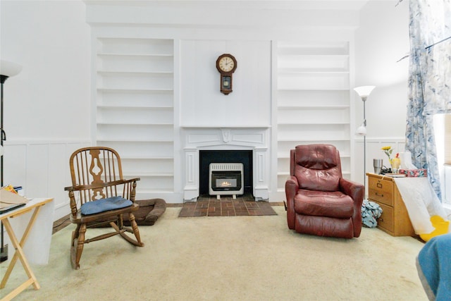 living area with dark colored carpet and built in features