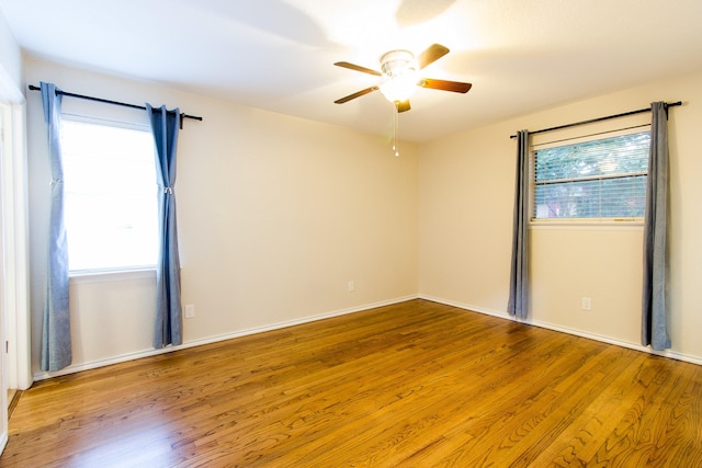 spare room with plenty of natural light, light hardwood / wood-style floors, and ceiling fan