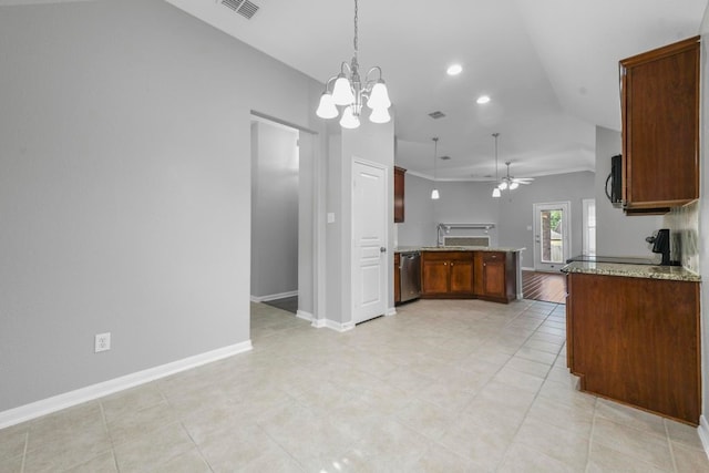 kitchen featuring ceiling fan with notable chandelier, light stone countertops, light tile patterned flooring, stainless steel dishwasher, and kitchen peninsula