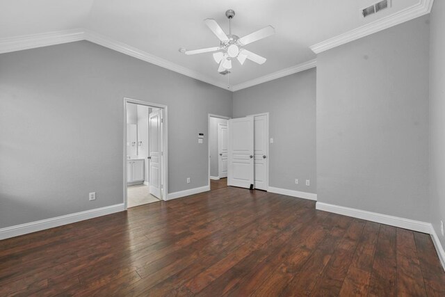 unfurnished bedroom featuring ceiling fan, ornamental molding, vaulted ceiling, and wood-type flooring