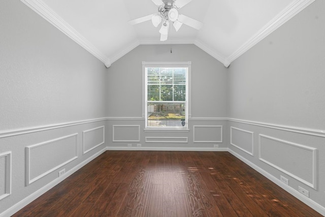 interior space with ceiling fan, lofted ceiling, ornamental molding, and hardwood / wood-style flooring