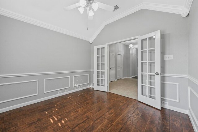 empty room featuring ceiling fan, wood-type flooring, french doors, and crown molding