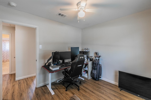 office with visible vents, ceiling fan, baseboards, and wood finished floors