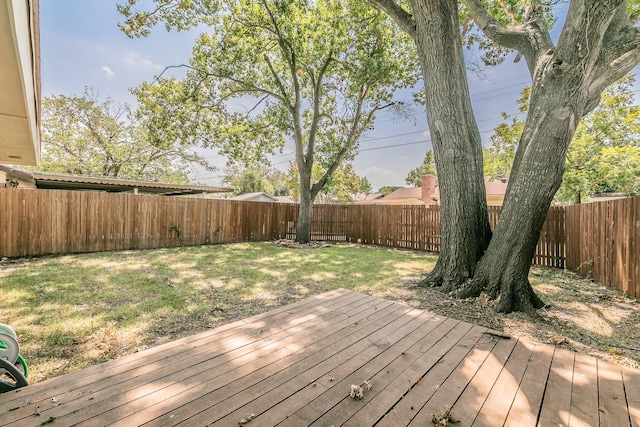 wooden terrace featuring a fenced backyard and a lawn