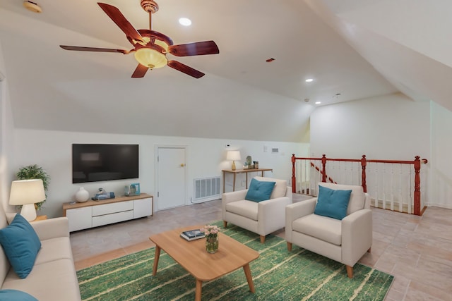 living room with vaulted ceiling and ceiling fan