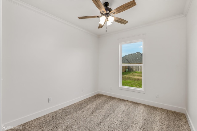 unfurnished room with carpet floors, ceiling fan, and crown molding