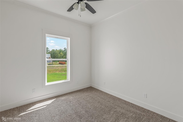 carpeted empty room featuring ornamental molding and ceiling fan