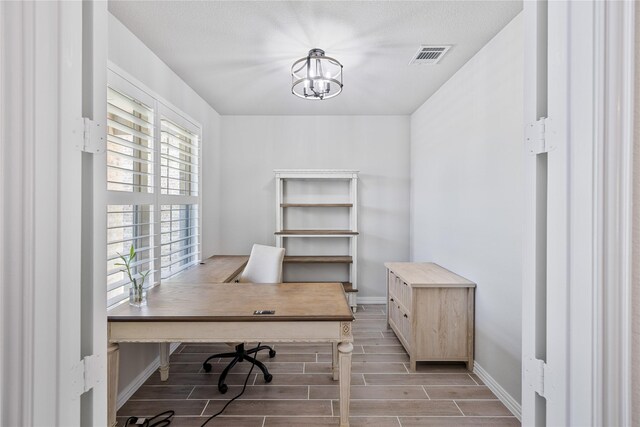 office with a chandelier