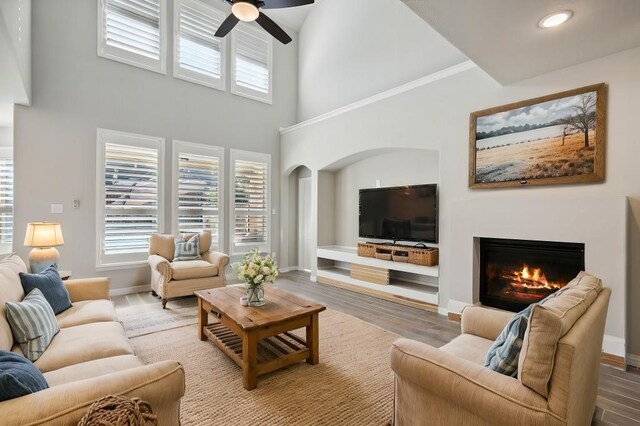 living room featuring hardwood / wood-style floors, ceiling fan, and a high ceiling