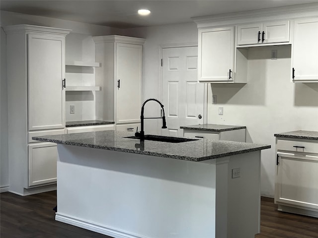 kitchen with a center island with sink, sink, and dark hardwood / wood-style flooring