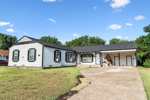 view of front of house with cooling unit, concrete driveway, a carport, a front lawn, and crawl space